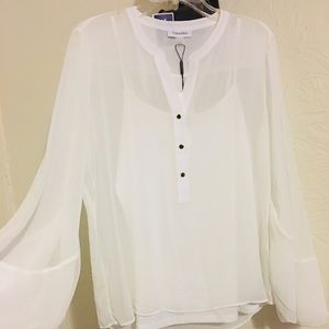 🌺 Calvin Klein Sheer V Neck Bell Sleeve Blouse